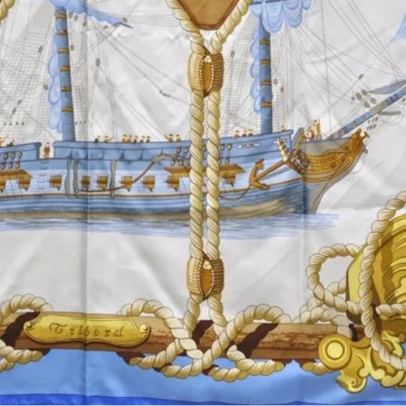 Authentic HERMES Carre 90 Scarf "Tribord" Silk Blue - Picture 12 of 16